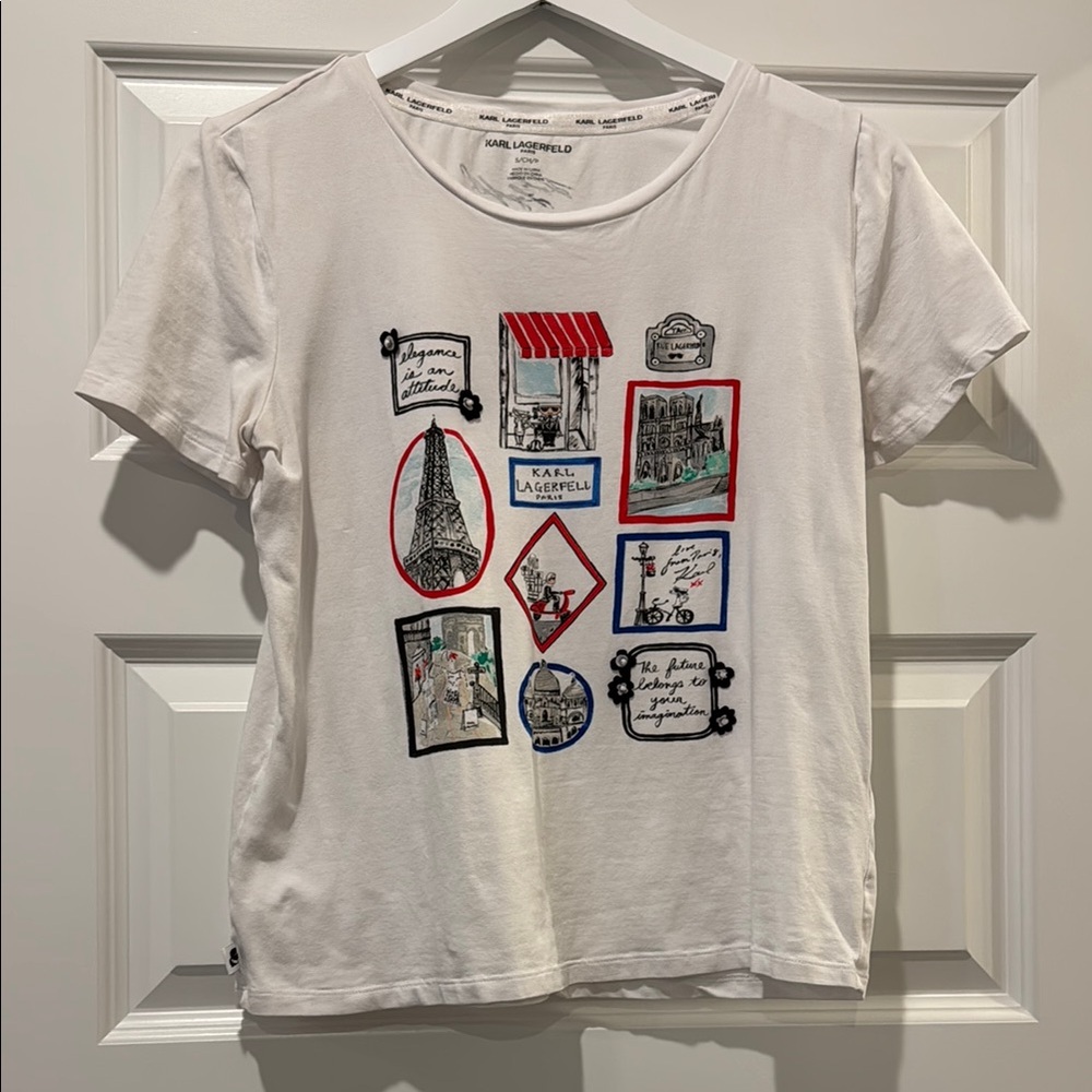 Karl Lagerfeld White Short Sleeve Tee with Artistic Graphics